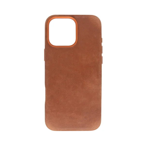 iPhone 16 Pro Max Crazy Horse leather case with reinforced metal frame and rugged texture.