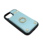Isometric floating view of iPhone 15 rotation ring case, displaying full back design and metal hardware.