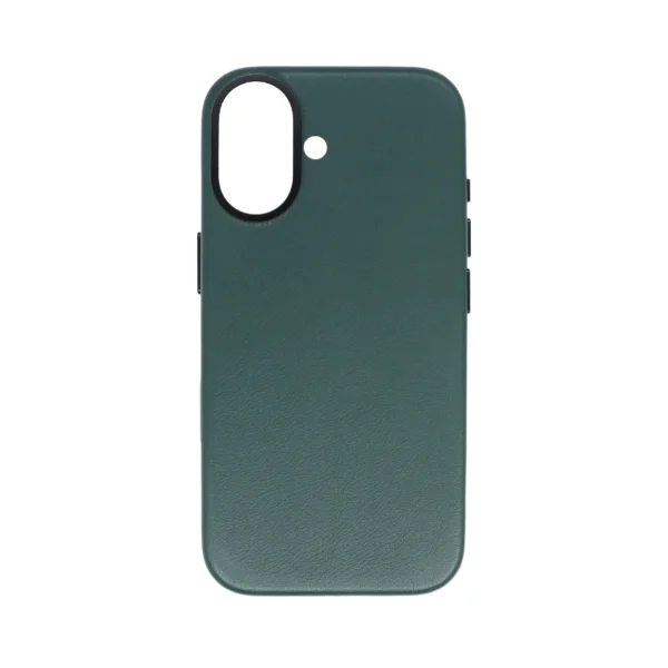 Dark Green Nappa Leather case for iPhone 16 with Black Metal Camera Frame.