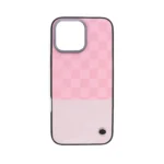 Pink Checkered Spliced case for iPhone 16 featuring Flocked Texture and PU Leather.