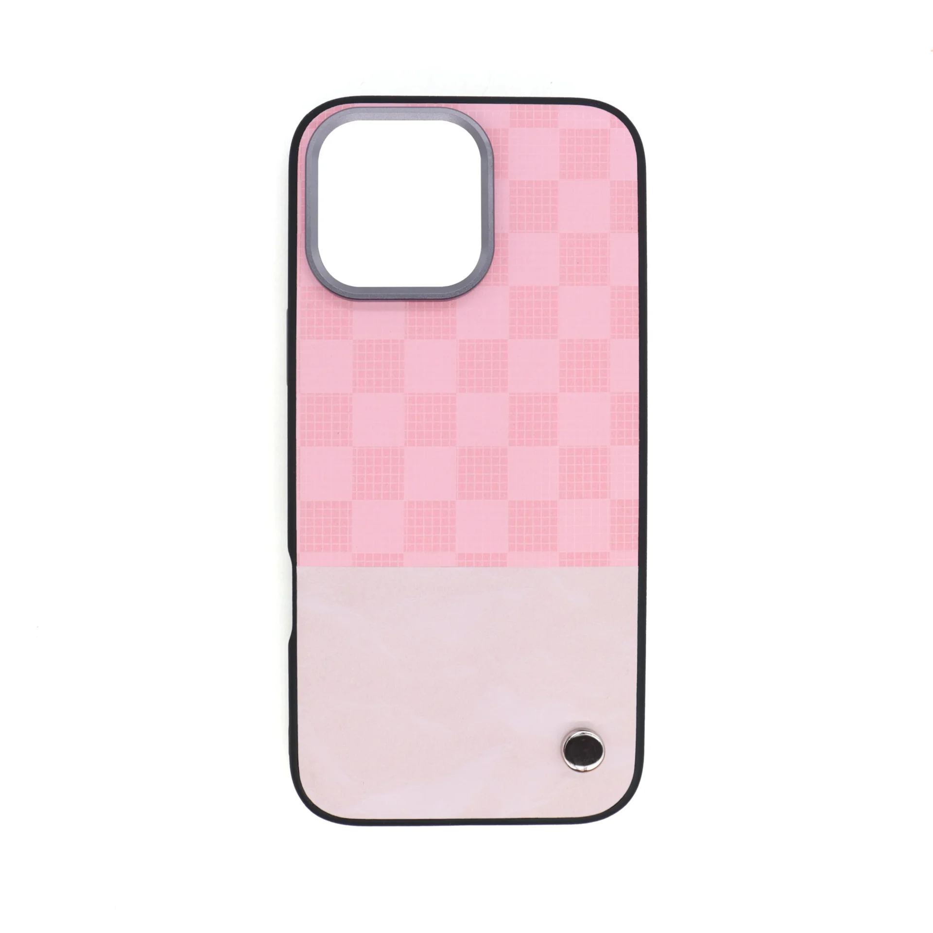 Pink Checkered Spliced case for iPhone 16 featuring Flocked Texture and PU Leather.