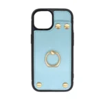 Back view of Blue iPhone 16 case with rotation ring kickstand and metal stud decoration.