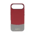 iPhone 17 Air case featuring Curved Splicing of Black & White Striped Carbon Fiber and Wine Red PU Leather.