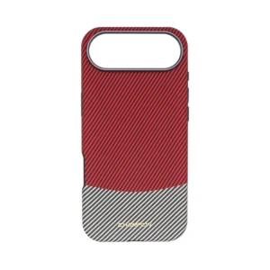 iPhone 17 Air case featuring Curved Splicing of Black & White Striped Carbon Fiber and Wine Red PU Leather.