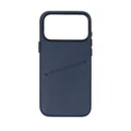Deep blue Nappa leather iPhone 17 Pro Max case with back card slot, slim protective cover with pebbled texture.