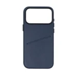 Deep blue Nappa leather iPhone 17 Pro Max case with back card slot, slim protective cover with pebbled texture.