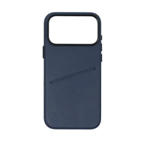 Deep blue Nappa leather iPhone 17 Pro Max case with back card slot, slim protective cover with pebbled texture.