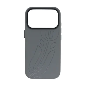 Grey Silicone Leather case for iPhone 17 Pro with Metal Camera Frame.