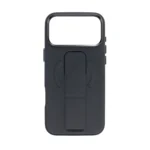 Black Silicone Leather case for iPhone 17 Pro Max featuring Invisible Flush Stand deployed in Vertical Mode for hands-free video calls.