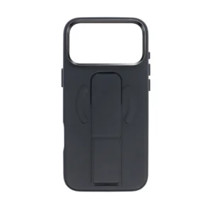 Black Silicone Leather case for iPhone 17 Pro Max featuring Invisible Flush Stand deployed in Vertical Mode for hands-free video calls.