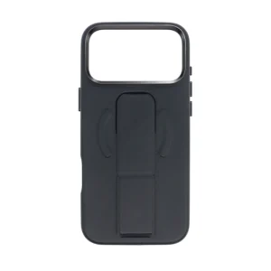 Black Silicone Leather case for iPhone 17 Pro Max featuring Invisible Flush Stand deployed in Vertical Mode for hands-free video calls.