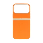 Hermès Orange Suitcase Style case for iPhone 17 Pro Max with Gold Banner Accents.