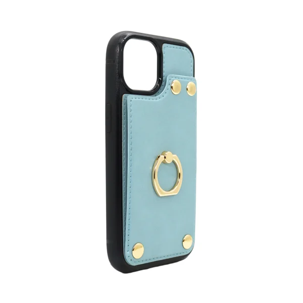 Rear 3/4 angled view of iPhone 15 ring holder case, highlighting slim profile and camera protection.