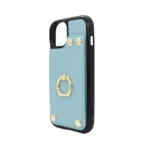 Perspective view of iPhone 15 leather card slot case with kickstand, showing button cutouts and edge stitching.