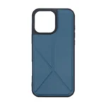 Close-up of blue Nappa Texture PU Leather on iPhone 16 Pro Max case showing simulated grain finish.