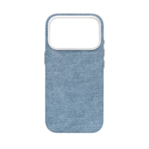 Blue and white Woven Texture MagSafe Case for iPhone 17 Pro Max with Silver CNC Buttons.