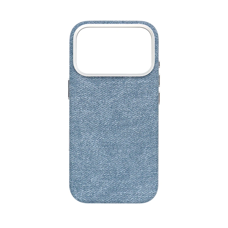 Blue and white Woven Texture MagSafe Case for iPhone 17 Pro Max with Silver CNC Buttons.
