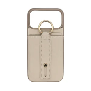 Beige Saffiano Texture PU Leather detail on iPhone 17 Pro Max case showing Hot-Pressed Cross-hatch grain.