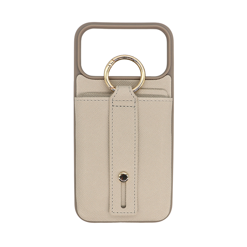 Beige Saffiano Texture PU Leather detail on iPhone 17 Pro Max case showing Hot-Pressed Cross-hatch grain.