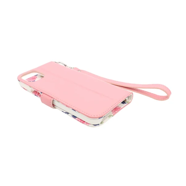 Pink Floral Leather Wallet Case for iPhone 15 Pro Max with Lanyard