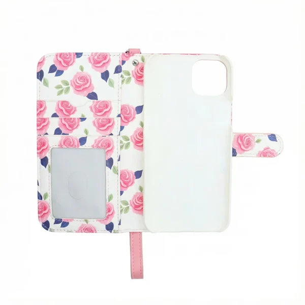 Pink Floral Leather Wallet Case for iPhone 15 Pro Max with Lanyard