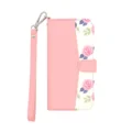 Pink Floral Wallet Phone Case for iPhone 15 Pro Max. Features Digital Rose Print, Card Slots & ID Window, Kickstand Function, and Detachable Wrist Strap.