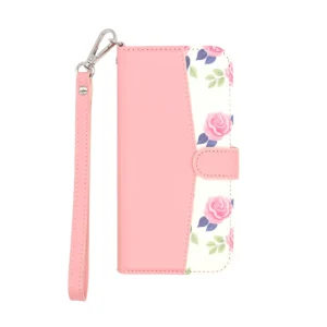 Pink Floral Wallet Phone Case for iPhone 15 Pro Max. Features Digital Rose Print, Card Slots & ID Window, Kickstand Function, and Detachable Wrist Strap.