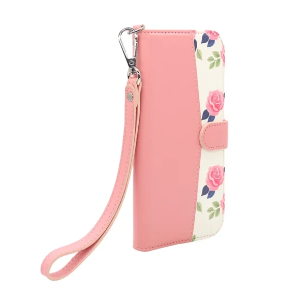 Pink Floral Leather Wallet Case for iPhone 15 Pro Max with Lanyard