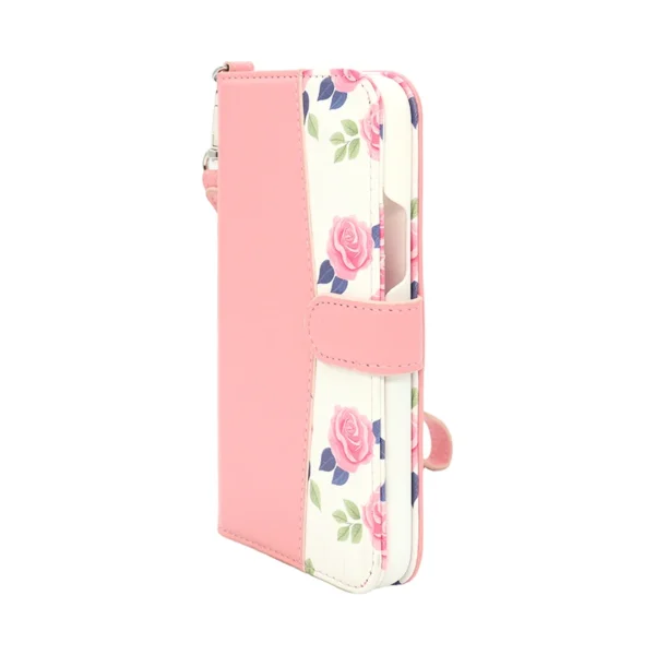 Pink Floral Leather Wallet Case for iPhone 15 Pro Max with Lanyard