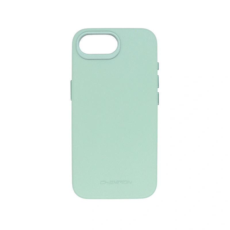 iPhone 16 E Silicone Vegan Leather Case in luxury Nappa Texture with PVD Gold Buttons.