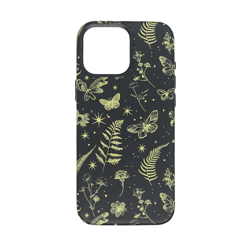 Back view of iPhone 16 Pro Max Black Case featuring gold butterfly and fern patterns.