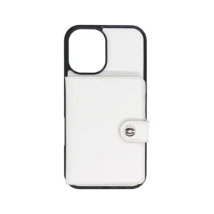 Off-White Silicone Vegan Leather Phone Case for iPhone 16 with detachable wallet.