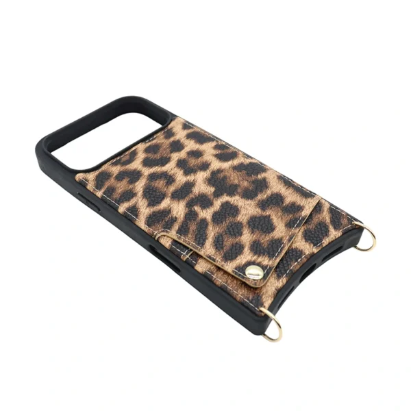 Leopard Print Crossbody Wallet Case for iPhone 17 Pro with Lanyard