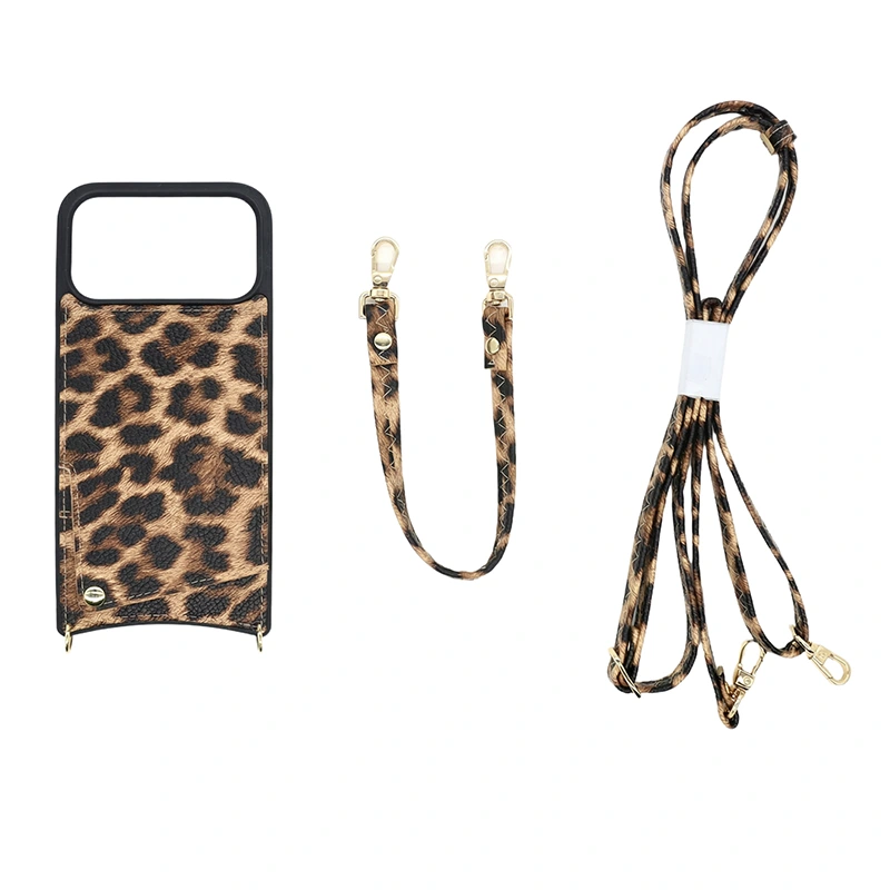 Custom Leather Earphone Cases 9 Leopard Print iPhone 17 Pro Case with Crossbody Lanyard and Card Pocket.