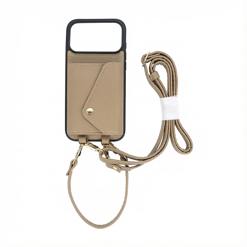 Beige Pebble-Grain Wallet Phone Case for iPhone 17 Pro Max with envelope design.