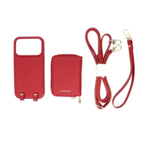 Red Pebble-Grain PU Case for iPhone 17 Pro with detachable wallet.