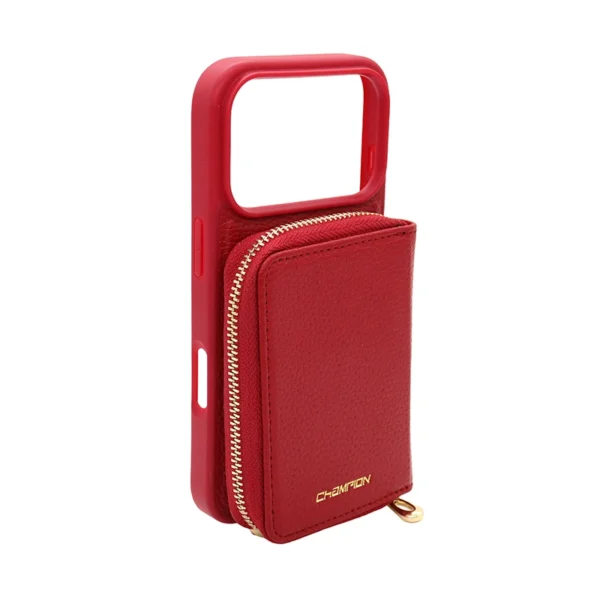 Red Pebble-Grain Magnetic Wallet Case for iPhone 17 Pro with Lanyard