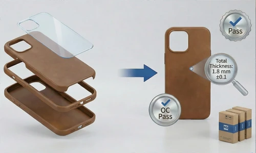 Diagram illustrating the precision manufacturing process of a leather phone case, showing an exploded view of multi-layer components, strict ±0.1mm thickness tolerance control, and final Quality Control (OC) Pass certification.