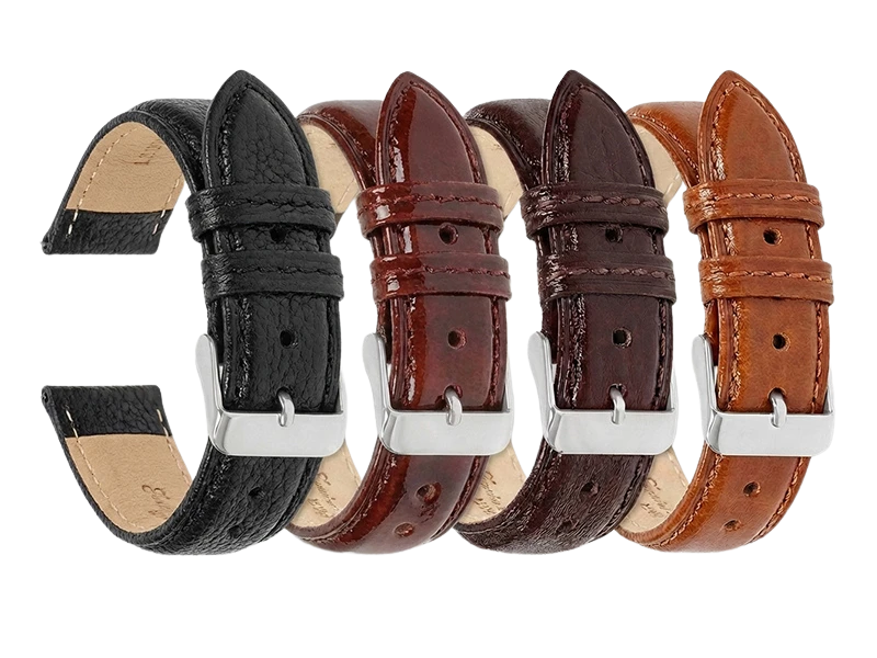 Comprehensive watch accessory FAQ alongside a product showcase of four leather bands, covering customization options and structural stability for professional buyers.