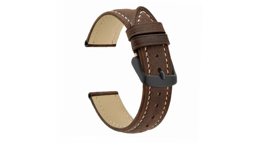 Brown crazy horse leather watch band with contrast stitching, showcasing a rugged retro texture for outdoor product lines.