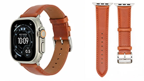 OEM custom brown leather band compatible with Apple Watch, featuring precise connectors available in 38/40/41/42/44/45/49mm sizes.