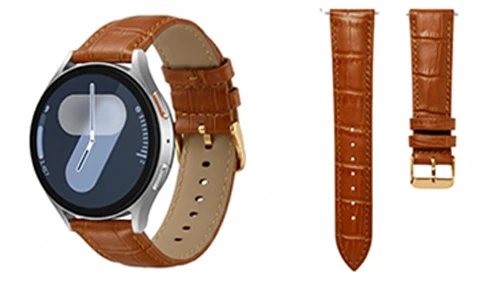 OEM custom leather band compatible with Samsung Galaxy watches, designed with integrated quick-release mechanisms and standard 20mm/22mm lug widths.