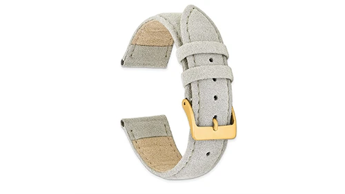 Custom light grey microfiber watch band with gold hardware, featuring a sweat-proof and lightweight structure designed for daily smartwatch wear.