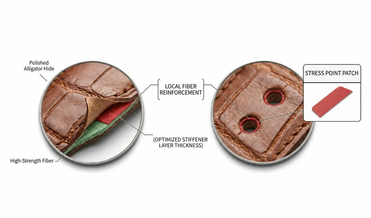 Material-specific reinforcement engineering for leather straps: Localized fiber integration and stress-point patching to maximize tensile strength and prevent pinhole elongation.