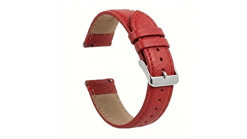 Red Saffiano leather watch band featuring a fine cross-hatch grain, engineered for solid scratch-resistant and waterproof performance.