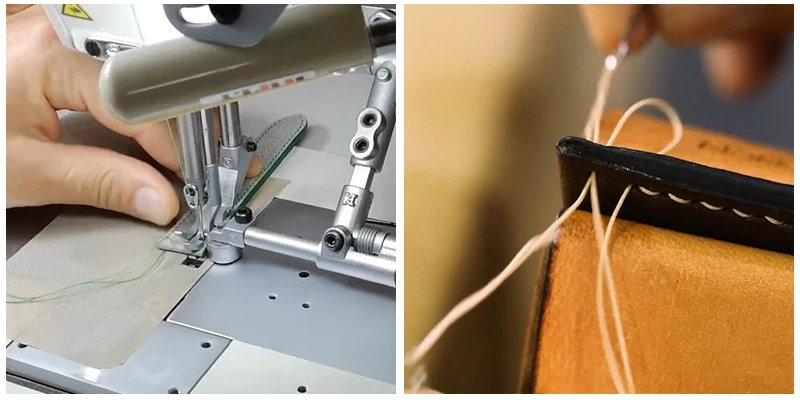 Comparison of industrial machine stitching and traditional hand-sewn saddle stitching, illustrating the structural differences in seam integrity and manufacturing efficiency.