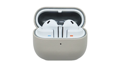 Custom Leather Earphone Cases 18 Beige custom leather earphone case for Samsung Galaxy Buds demonstrating micro-millimeter snug fit and smooth clamshell design.