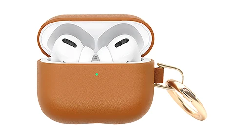 Custom Leather Earphone Cases 17 Custom brown leather earphone case for Apple AirPods Pro featuring precise LED indicator cutout and metal carabiner.