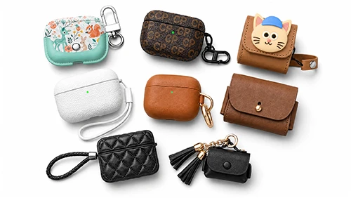 Custom Leather Earphone Cases 19 Collection of custom leather earphone cases showcasing OEM and ODM capabilities, featuring printed patterns, quilted textures, 3D structural designs, and custom hardware.