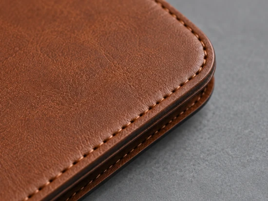 Leather protective case edge stitching and finishing inspection.